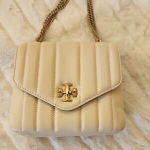 Tory Burch Cream Quilted Crossbody Bag with Gold Chain